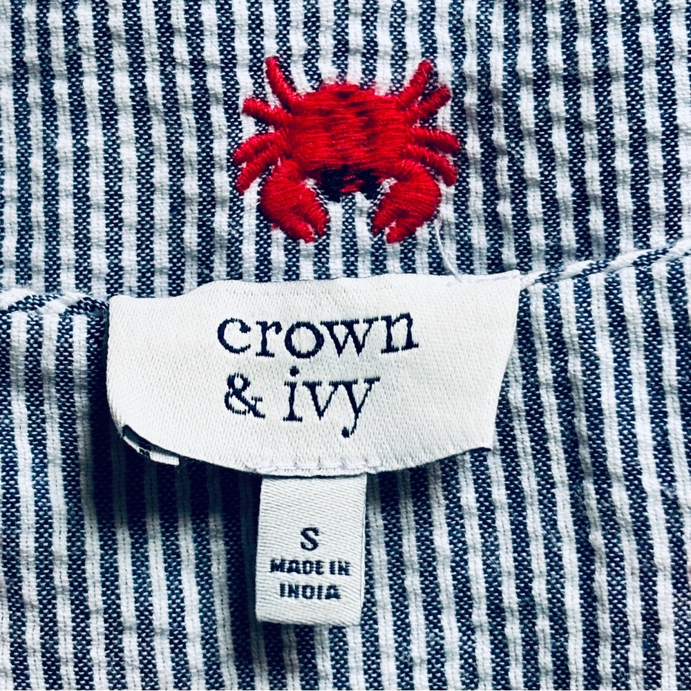 Crown & Ivy Woman’s Blue 100% Cotton Seersucker Scalloped Midi Sundress Sz Small - Picture 6 of 9